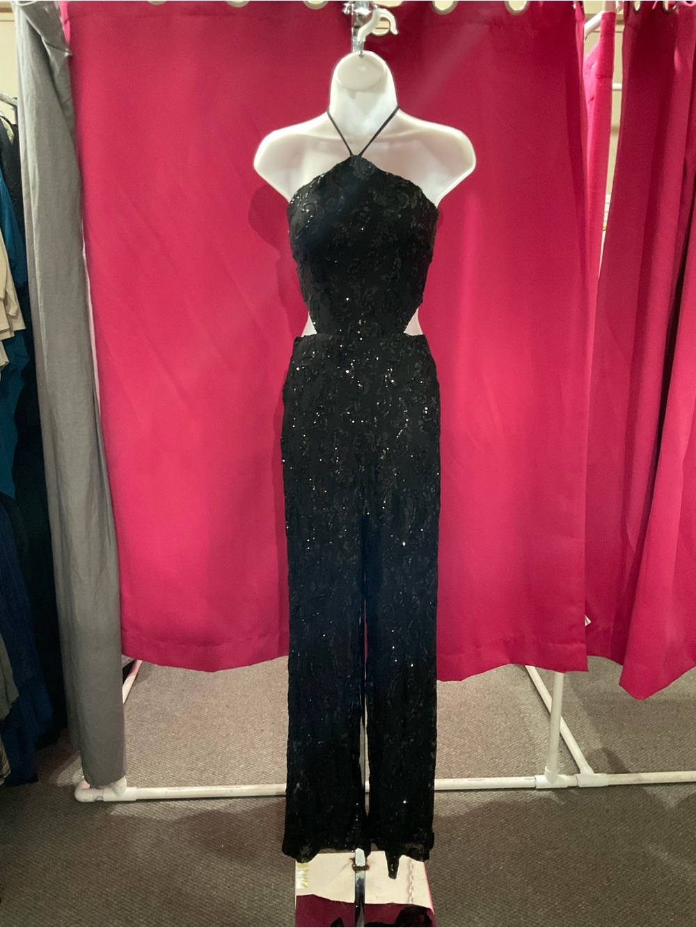Black Sequin Halter Cutout Jumpsuit